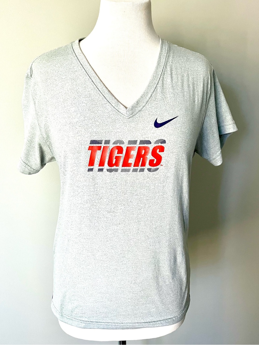 Vintage Nike CLEMSON Dri-Fit V-Neck Tee with Orange/Purple 'TIGERS' Print, Med